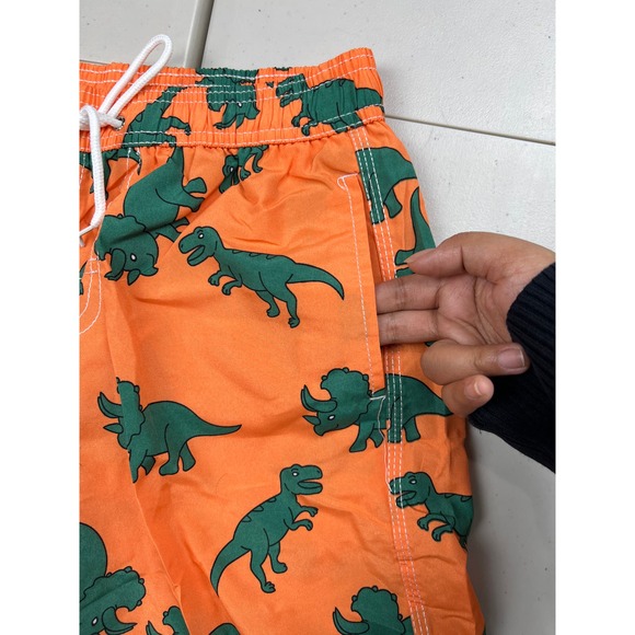 Orange Green Dinosaur Print Big Boys Medium Swim Trunks Swimwear Lined Shorts - Picture 5 of 7